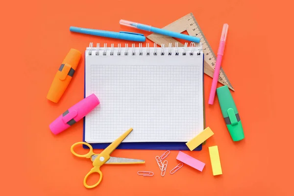 Blank Notebook Different Stationery Orange Background — Stock Photo, Image