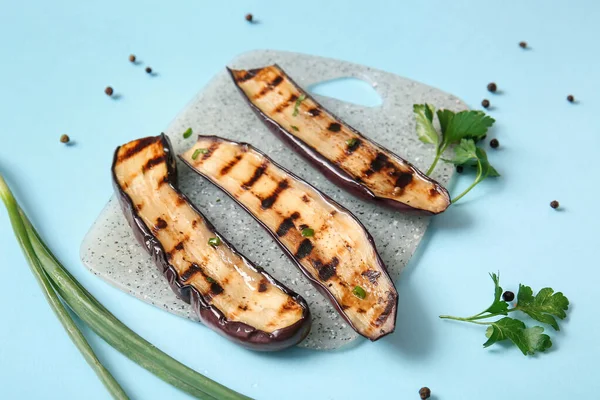 Delicious Grilled Eggplants Herbs Spices Light Blue Background — Stock Photo, Image