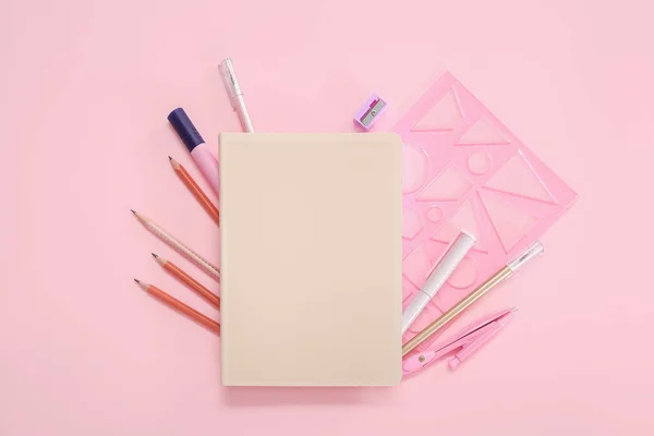 Notebook Different Stationery Pink Background — Stock Photo, Image