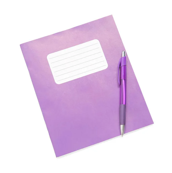 Lila Notebook Tollal Elszigetelt Fehér Alapon — Stock Fotó