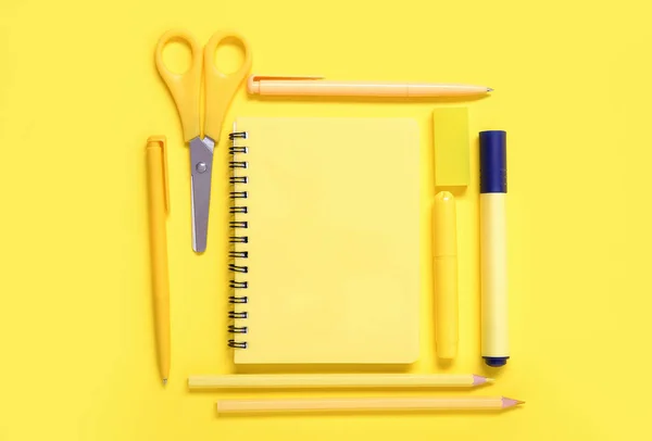 Notebook Different Stationery Yellow Background — Stock Photo, Image