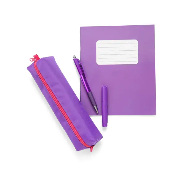 Purple Notebook Pencil Case Pen Marker Isolated White Background — Stock Photo, Image