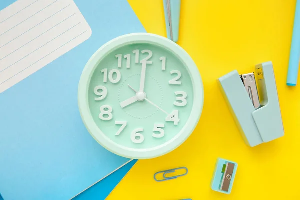 Alarm Clock Different Stationery Yellow Background — Stock Photo, Image