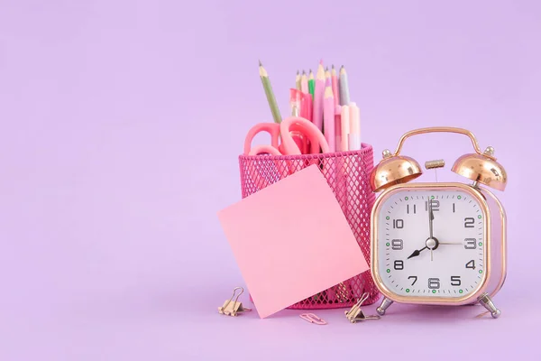 Alarm Clock Different Stationery Lilac Background — Stock Photo, Image