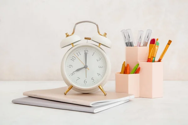 Alarm Clock Different Stationery White Table — Stock Photo, Image