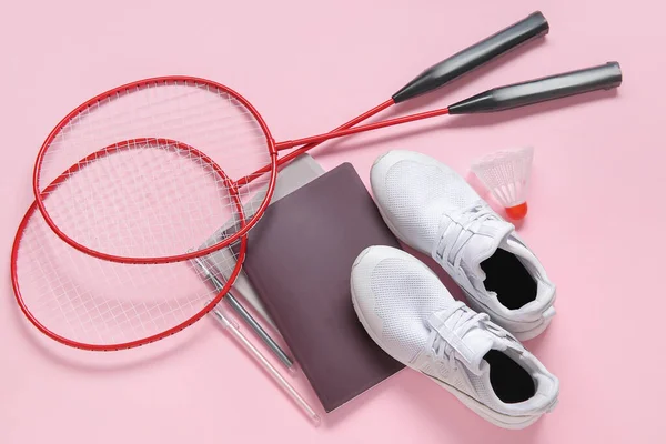 Sneakers Badminton Shuttlecock Rackets Stationery Pink Background — Stock Photo, Image