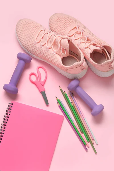 Sneakers Dumbbells Different Stationery Pink Background — Stock Photo, Image
