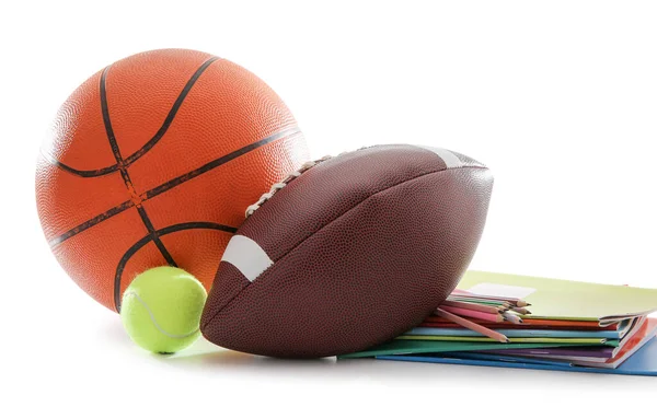 Спортивные Мячи Различными Канцелярскими Принадлежностями Белом Фоне — стоковое фото