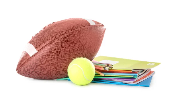 Cuadernos Con Lápices Colores Rugby Pelotas Tenis Aislados Sobre Fondo — Foto de Stock
