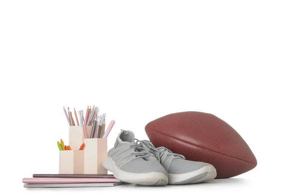 Sneakers Rugby Ball Different Stationery Isolated White Background — Stock Photo, Image