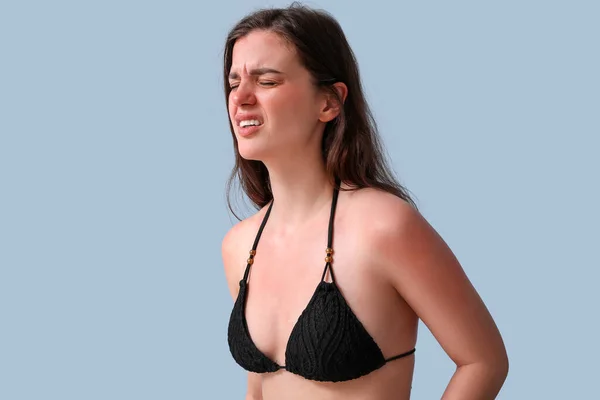 Allergic Young Woman Sunburned Skin Blue Background — Stock Photo, Image