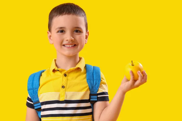 Little Schoolboy Apple Yellow Background — Stock Photo, Image