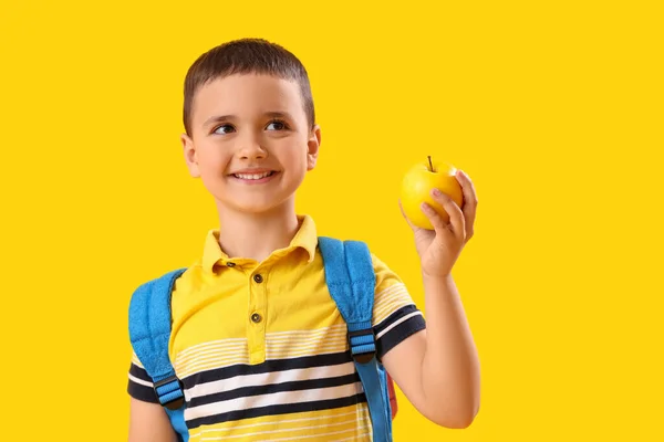 Little Schoolboy Apple Yellow Background — Stock Photo, Image