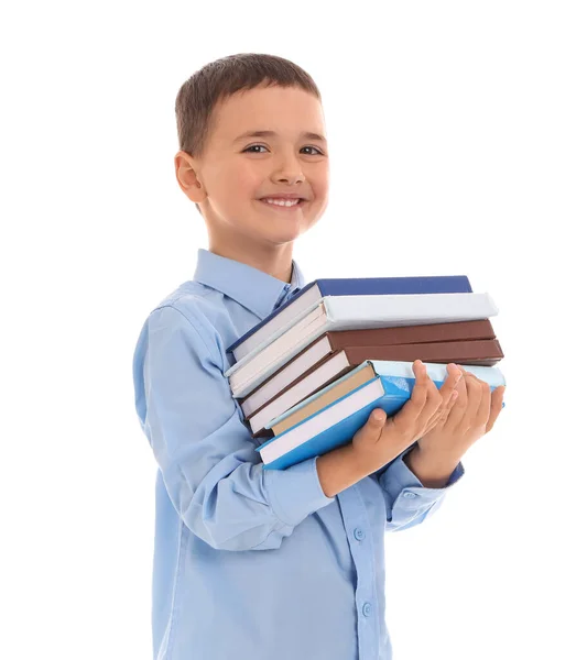 Kleiner Schuljunge Mit Büchern Auf Weißem Hintergrund — Stockfoto