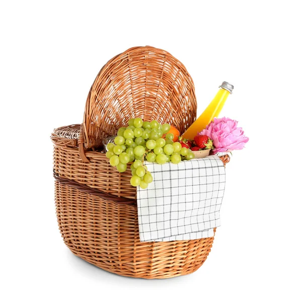 Wicker Basket Tasty Food Picnic Juice Peony Flower White Background — Stock Photo, Image