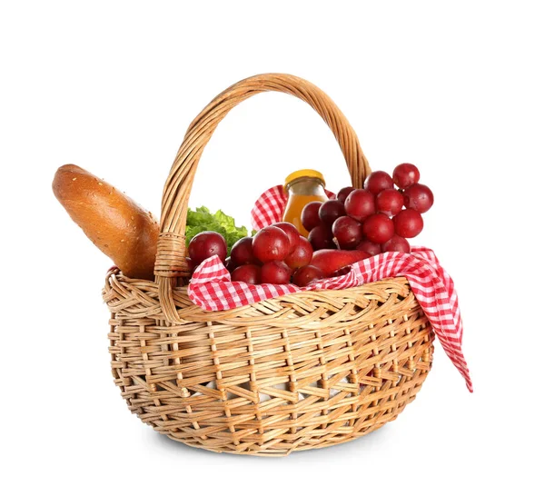 Wicker Basket Tasty Food Picnic Juice White Background — Stock Photo, Image