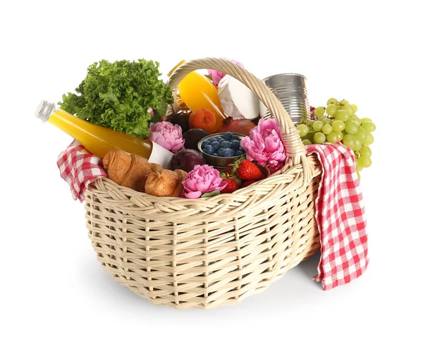 Rieten Mand Met Lekker Eten Voor Picknick Sap Pioenroos Bloemen — Stockfoto