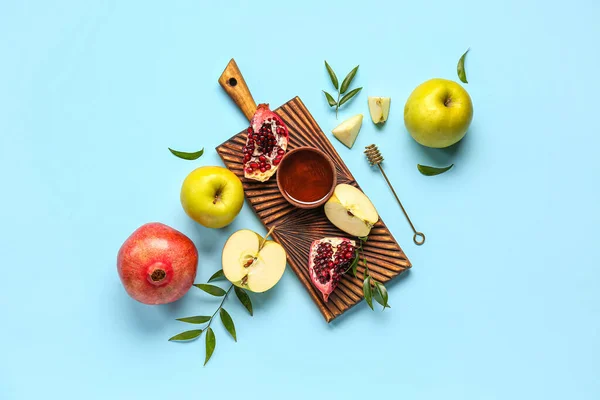 Composition Ripe Fruits Sweet Honey Color Background Rosh Hashanah Jewish — Stock Photo, Image
