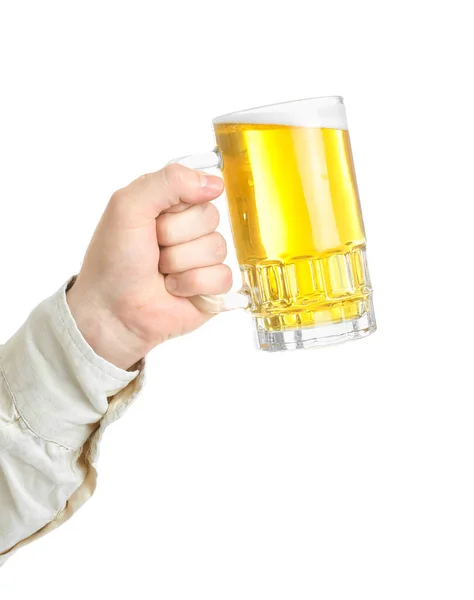 Молодой Человек Пивом Белом Фоне Празднование Праздника Октоберфест — стоковое фото