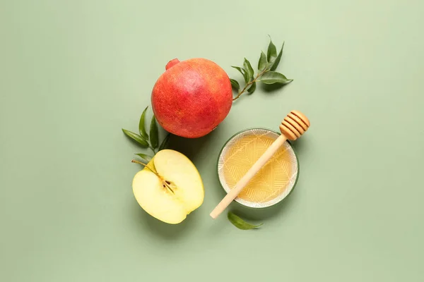 Μπολ Μέλι Ρόδι Και Μήλο Για Rosh Hashanah Γιορτή Εβραϊκή — Φωτογραφία Αρχείου