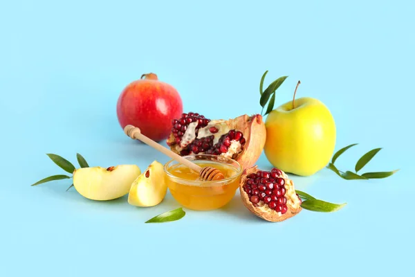 Bowl Honey Pomegranate Apples Rosh Hashanah Celebration Jewish New Year — Stock Photo, Image