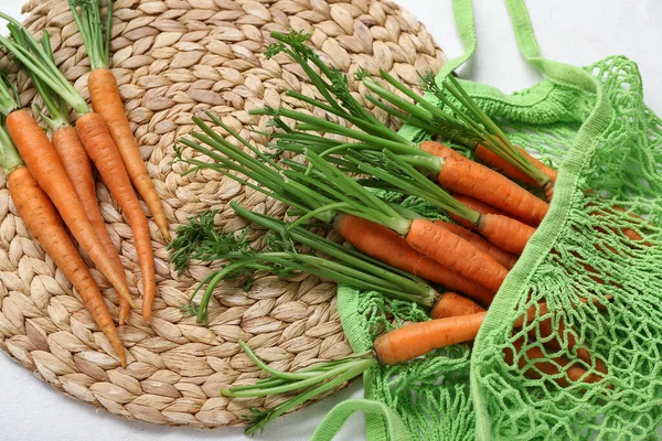 Fresh Carrots Wicker Mat Bag White Textured Background — Stock Photo, Image