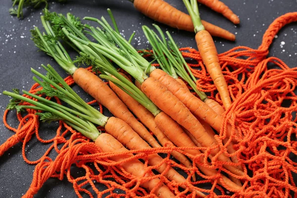 Fresh Carrots Wicker Bag Black Grunge Background — Stock Photo, Image