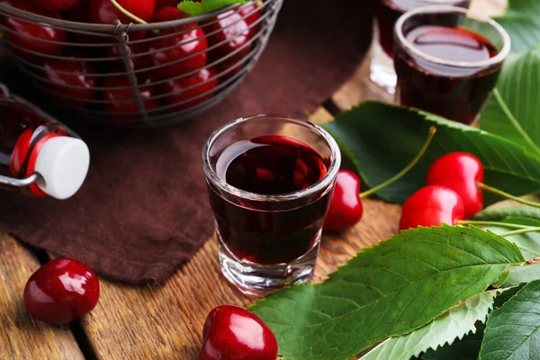 Shots Sweet Cherry Liqueur Wooden Background Closeup — Stock Photo, Image