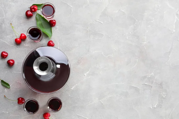 Shots Bottle Sweet Cherry Liqueur Grey Background — Stock Photo, Image