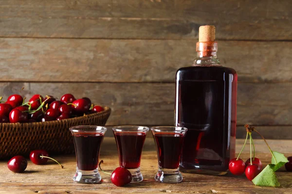 Shots Bottle Sweet Cherry Liqueur Wooden Background — Stock Photo, Image