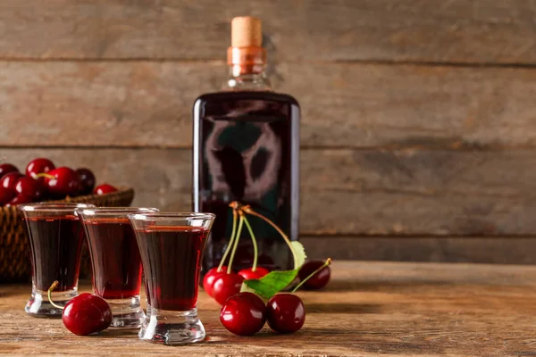 Shots Bottle Sweet Cherry Liqueur Wooden Background — Stock Photo, Image