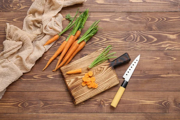 Tasty Fresh Carrot Board Wooden Background — Stock Photo, Image