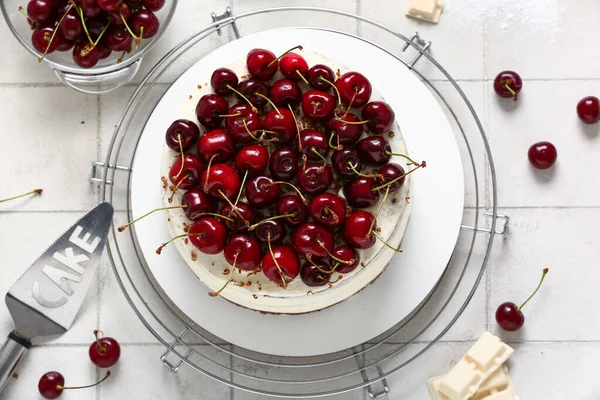 Grid Tasty Cherry Cake White Tile Background — Stock Photo, Image