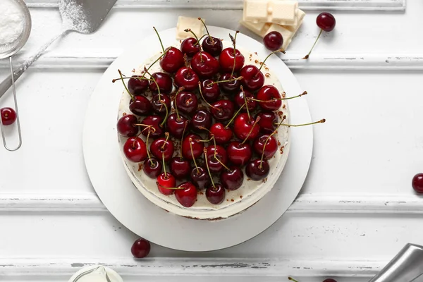 Tasty Cherry Cake White Wooden Background — Stock Photo, Image