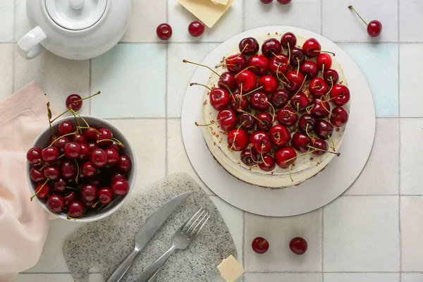 Tasty Cherry Cake White Tile Background — Stock Photo, Image