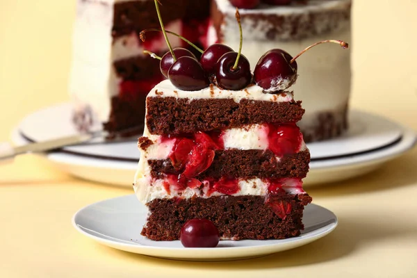 Plate Piece Tasty Cherry Cake Yellow Background — Stock Photo, Image