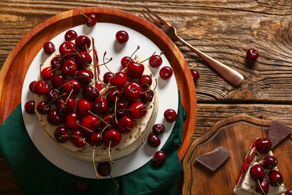 Stand Tasty Cherry Cake Wooden Background — Stock Photo, Image