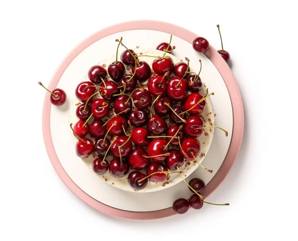 Plate Tasty Cherry Cake Isolated White Background — Stock Photo, Image