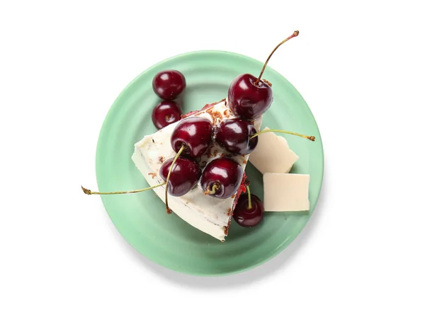 Plate Piece Tasty Cherry Cake Isolated White Background — Stock Photo, Image