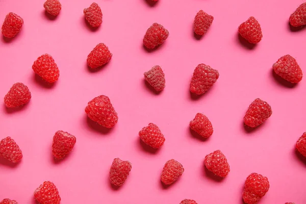 Many Fresh Raspberries Pink Background — Stock Photo, Image