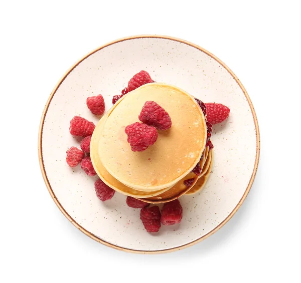 Plate Tasty Pancakes Raspberries Isolated White Background — Stock Photo, Image