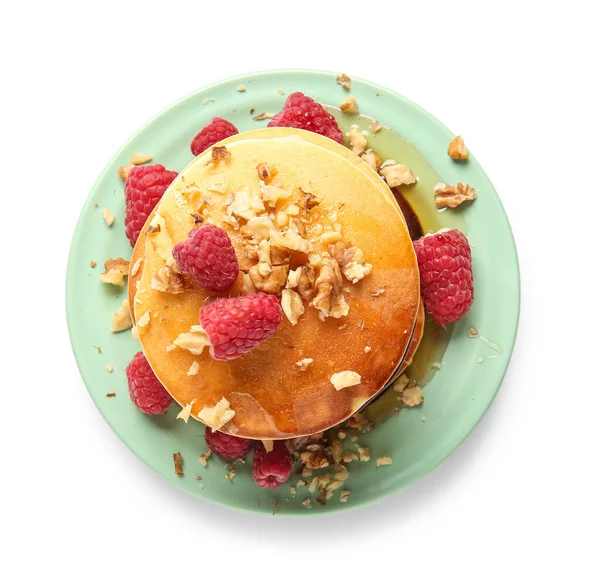 Piring Pancake Lezat Dengan Raspberry Diisolasi Pada Latar Belakang Putih — Stok Foto