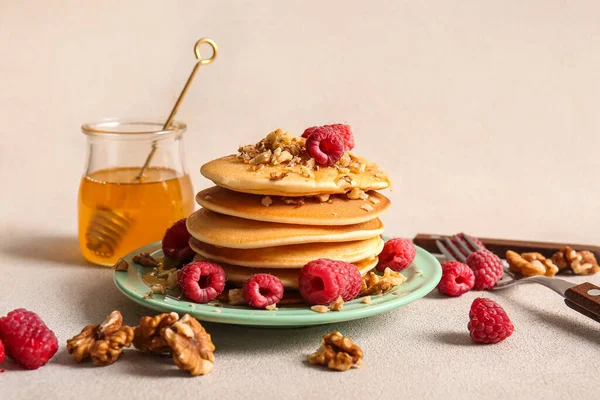 Plate Tasty Pancakes Raspberries Light Background — Stock Photo, Image
