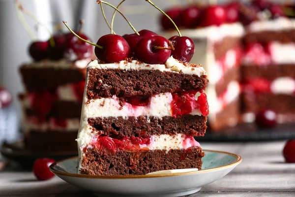Plate Piece Tasty Cherry Cake Table Closeup — Stock Photo, Image