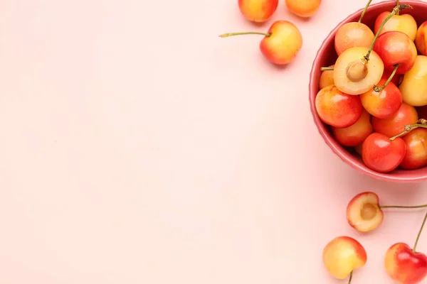 Bowl Sweet Yellow Cherries Pink Background — Stock Photo, Image