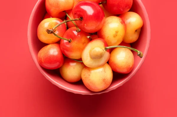 Bowl Sweet Yellow Cherries Red Background — Stock Photo, Image