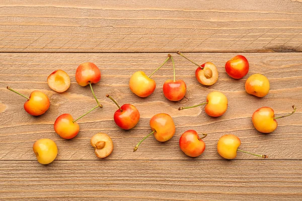 Many Sweet Yellow Cherries Wooden Background — Stock Photo, Image
