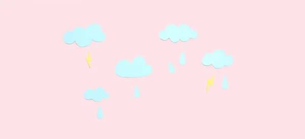 Papierwolken Mit Regentropfen Und Blitzen Auf Rosa Hintergrund Wettervorhersagekonzept — Stockfoto