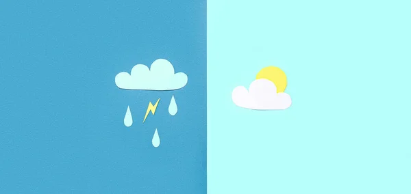 Papierwolken Mit Regentropfen Blitz Und Sonne Auf Blauem Hintergrund Wettervorhersagekonzept — Stockfoto