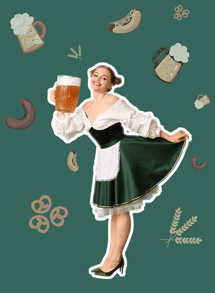 Krásná Oktoberfest Servírka Velkým Hrnkem Piva Zeleném Pozadí — Stock fotografie